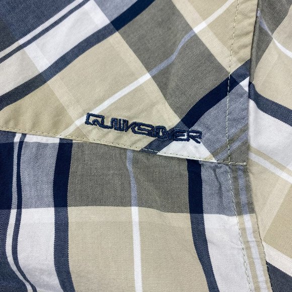 QUIKSILVER Shirt Men Medium M Beige Blue White Plaid Button Up Surf Surfing MENS - Picture 7 of 11